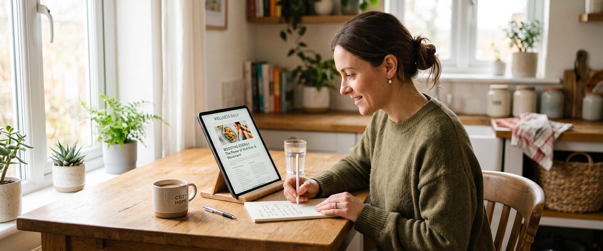 Woman at her kitchen table taking notes while reading a health article on a tablet