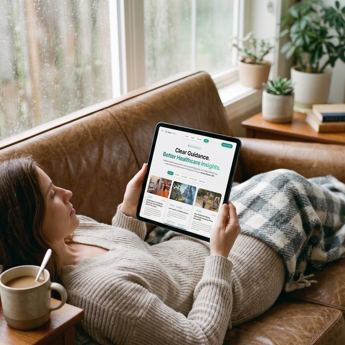 Woman relaxing on a couch with a coffee, reading health articles on a tablet