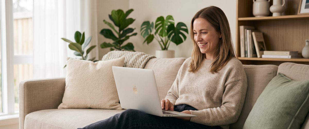Woman relaxing on a couch at home, smiling while using a laptop for a virtual telehealth visit