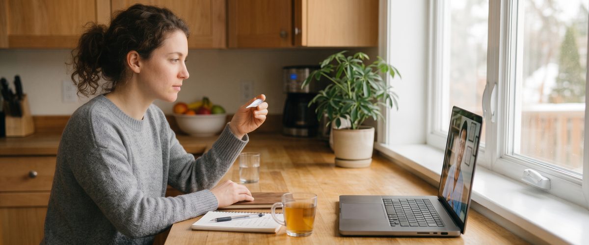 Woman at her kitchen counter checking a symptom during a video call with a doctor on her laptop