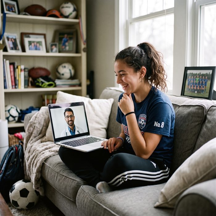 Student athlete smiling during a virtual physical video call with a doctor